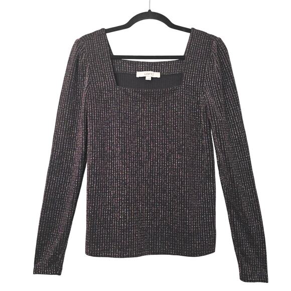 LOFT Sweater Womens Medium Black Rainbow Metallic Long Sleeve Square Neck Top - Picture 1 of 9